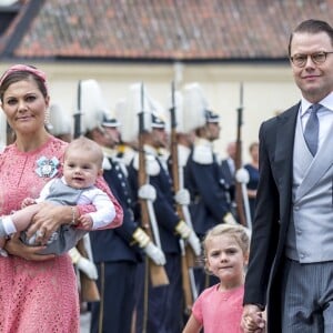 La princesse Victoria, le prince Daniel de Suède et leurs enfants le prince Oscar et la princesse Estelle au baptême du prince Alexander de Suède au palais Drottningholm à Stockholm le 9 septembre 2016.