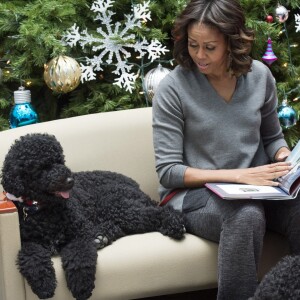 Michelle Obama et son chien Sunny lors d'une lecture pour les enfants malades du Children's National Medical Center, à Washington le 16 décembre 2013.