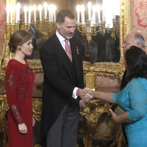 Le roi Felipe VI et la reine Letizia d'Espagne recevaient le 26 janvier 2017 le corps diplomatique au palais royal du Pardo, à Madrid. La reine portait pour l'occasion la même robe qu'en 2013.