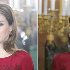 Letizia d'Espagne dans la même robe Felipe Varela lors de la réception du nouvel an pour le corps diplomatique, en janvier 2013 (à gauche) et en janvier 2017 (à droite).