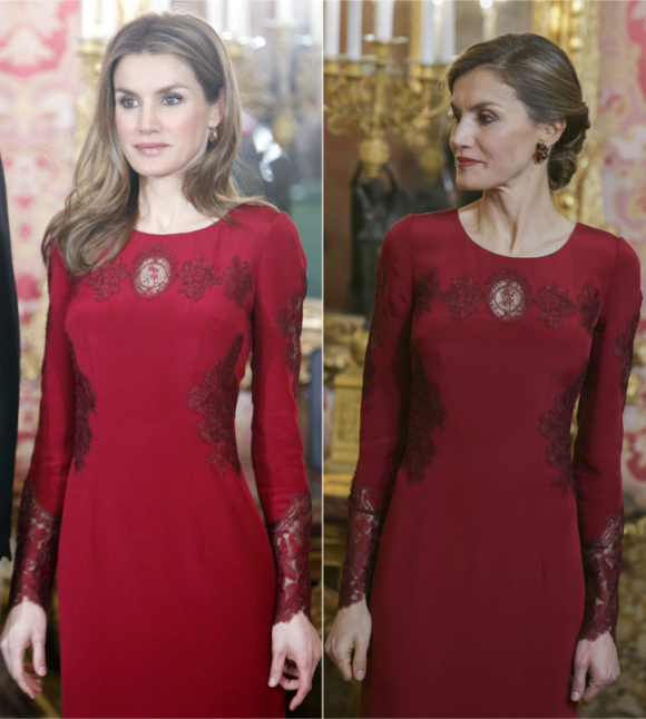 Letizia d'Espagne dans la même robe Felipe Varela lors de la réception du nouvel an pour le corps diplomatique, en janvier 2013 (à gauche) et en janvier 2017 (à droite).