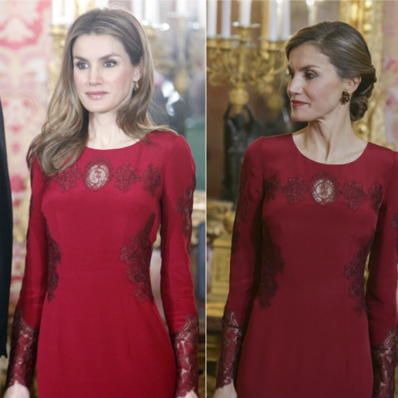 Letizia d'Espagne dans la même robe Felipe Varela lors de la réception du nouvel an pour le corps diplomatique, en janvier 2013 (à gauche) et en janvier 2017 (à droite).