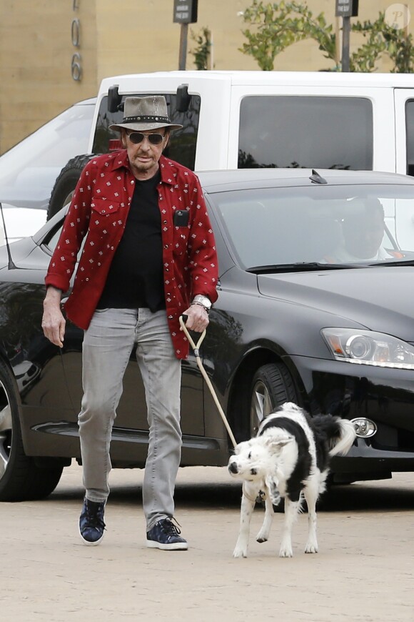 Johnny Hallyday arrive avec sa chienne Cheyenne pour aller déjeuner avec ses amis, P. Rambaldi et le musicien J.C. Sindres au restaurant Nobu dans le quartier de Malibu à Los Angeles, Californie, Etats-Unis, le 2 avril 2017