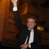 Exclusif - Emmanuel Macron, vainqueur du premier tour de l'élection présidentielle, quitte son QG de campagne pour se rendre à la porte de Versailles à Paris le 23 avril 2017. © Dominique Jacovides / Sébastien Valiela / Bestimage