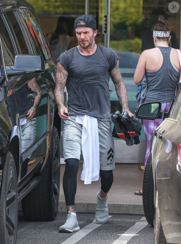 David Beckham à la sortie de son cours de SoulCycle à Brentwood, le 11 avril 2017.