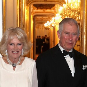 Le prince Charles, prince de Galles, et sa compagne Camilla Parker Bowles, duchesse de Cornouailles, dînent avec le président autrichien Alexander van der Bellen et sa femme Doris Schmidauer au palais Hofburg à Vienne, le 5 avril 2017.