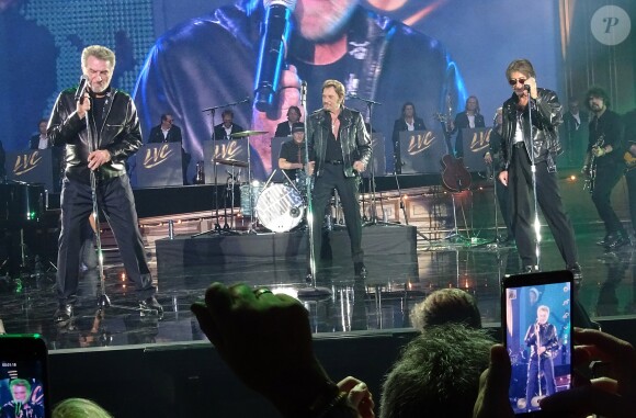 Eddy Mitchell, Johnny Hallyday et Jacques Dutronc - Premier concert "Les Vieilles Canailles" au POPB de Paris-Bercy à Paris, du 5 au 10 novembre 2014.