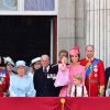Camilla Parker-Bowles, duchesse de Cournouailles, Le prince Charles, prince de Galles, La reine Elizabeth II d'Angleterre, le prince Philip, duc d'Edimbourg, Catherine Kate Middleton, duchesse de Cambridge, la princesse Charlotte, le prince George et le prince William, duc de Cambridge - La famille royale d'Angleterre au balcon du palais de Buckingham pour assister à la parade "Trooping The Colour" à Londres le 17 juin 2017.