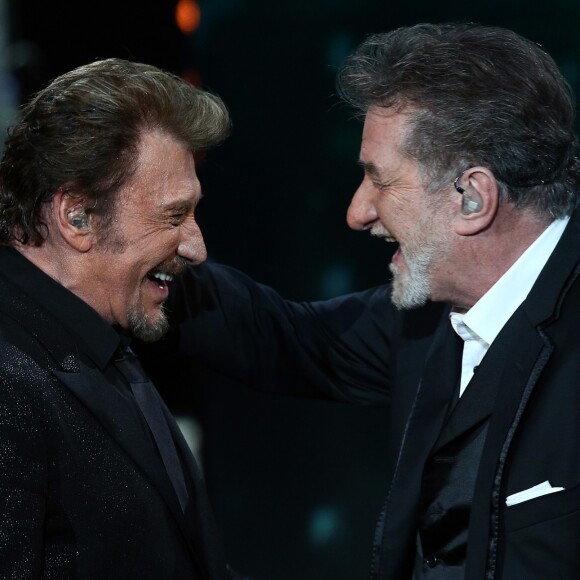 Exclusif - Eddy Mitchell et Johnny Hallyday lors de l'Enregistrement de l'émission Spécial Johnny Hallyday, "Johnny, la soirée événement", qui sera diffusée sur TF1 en prime-time le 20 décembre 2014