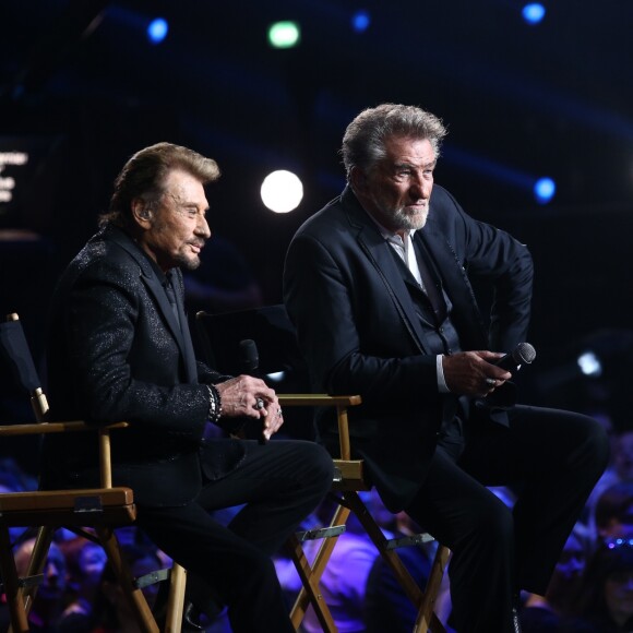 Exclusif - Eddy Mitchell et Johnny Hallyday lors de l'Enregistrement de l'émission Spécial Johnny Hallyday, "Johnny, la soirée événement", qui sera diffusée sur TF1 en prime-time le 20 décembre 2014.