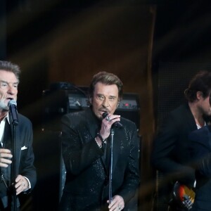 Exclusif - Eddy Mitchell, Johnny Hallyday, Thomas Dutronc et Yarol Poupaud en Backstage de l'enregistrement de l'émission Spécial Johnny Hallyday, "Johnny, la soirée événement", qui sera diffusée sur TF1 en prime-time le 20 décembre 2014.