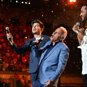 Exclusif - Vincent Niclo, Michel Fugain et Slimane - Emission "La chanson de l'année fête la musique" dans les arènes de Nîmes, diffusée en direct sur TF1 le 17 juin 2017.  © Bruno Bebert/Bestimage