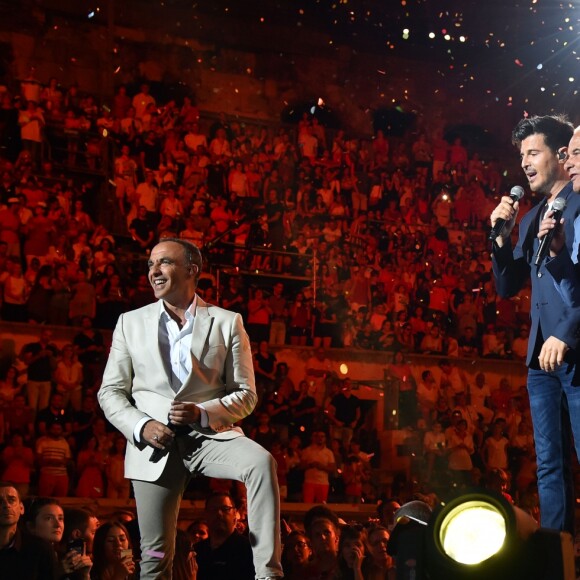 Exclusif - Nikos Aliagas, Vincent Niclo, Michel Fugain et Slimane - Emission "La chanson de l'année fête la musique" dans les arènes de Nîmes, diffusée en direct sur TF1 le 17 juin 2017.  © Bruno Bebert/Bestimage