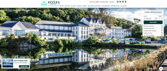 Capture d'écran de la page d'accueil du site de l'Eccles Hotel à Glengarriff, en Irlande, où Pippa Middleton et James Matthews ont été hébergés lors du mariage d'amis le 1er juillet 2017.