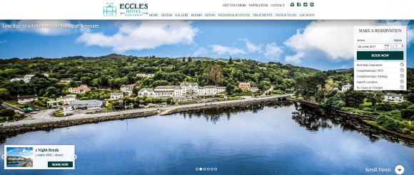 Capture d'écran de la page d'accueil du site de l'Eccles Hotel à Glengarriff, en Irlande, où Pippa Middleton et James Matthews ont été hébergés lors du mariage d'amis le 1er juillet 2017.