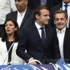 Le président Emmanuel Macron, Anne Hidalgo et Nicolas Sarkozy - Finale de la coupe de France de football entre le PSG et Angers au Stade de France, le 27 mai 2017.