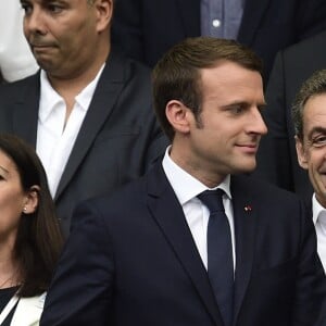 Le président Emmanuel Macron, Anne Hidalgo et Nicolas Sarkozy - Finale de la coupe de France de football entre le PSG et Angers au Stade de France, le 27 mai 2017.