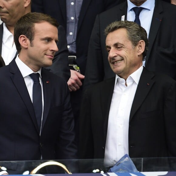 Le président Emmanuel Macron, Anne Hidalgo et Nicolas Sarkozy - Finale de la coupe de France de football entre le PSG et Angers au Stade de France, le 27 mai 2017.