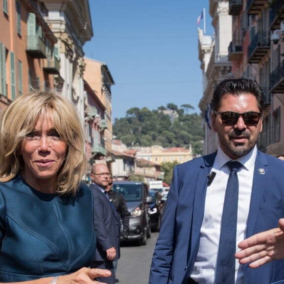 Brigitte Macron (Trogneux) - Le président de la République est reçu par l'hôtel de ville de Nice pour un entretien avant la cérémonie d'hommage aux victimes de l'attentat du 14 juillet 2016 à Nice, le 14 juillet 2017. © Cyril Moreau/Bestimage  French President is received by Mayor of Nice to meeting at the city hall before thecCommemorative ceremony marking the first anniversary of the jihadist truck attack which killed 86 people in Nice, southern France, on Bastille Day, on July 14, 2017.14/07/2017 - Nice