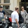 La chanteuse Céline Dion et son fils René-Charles sortent de l'hôtel Royal Monceau pour se rendre à une boutique Louis Vuitton, à Paris, le 19 juillet 2017.