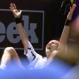 © Frank Gunn/CP/ABACA. 19950-1. Toronto-Canada, 3/8/2000. Jerome Golmard of France rolls onto his back as he celebrates his win over Marcelo Rios of Chile to advance to the quarterfinal of the Tennis Masters Series tournament.07/08/2000 -