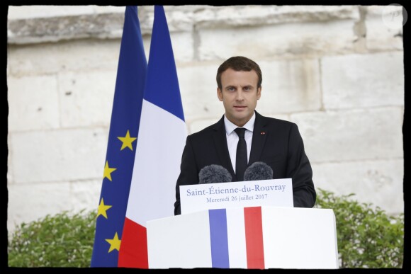 Emmanuel Macron - Cérémonie en hommage au Père Jacques Hamel, assassiné par deux terroristes islamistes il y a un an, en l'église Saint-Etienne de Saint-Etienne du Rouvray. Le 26 juillet 2017 © Alain Guizard / Bestimage