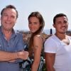 Exclusif - Julien Lepers, de retour sur les écrans en octobre 2017, Emmanuelle Boidron, ambassadrice de la Fondation Claude Pompidou, et Brahim Asloum, parrain de la Fondation Claude Pompidou, lors du déjeuner presse autour de l'opération "Si t'es tattoo, t'es Pompidou et t'es...Nice" organisé sur le roof top de l'hôtel Aston la Scala à Nice le 8 septembre 2017 dans le cadre de la journée de remise du Prix Claude Pompidou pour la recherche sur la maladie d'Alzheimer doté d'un montant de 100 000 Euros. Cette année, c'est le professeur Buisson qui a été récompensé. L'opération Tattoo consiste depuis le 1er août, à encourager les touristes présents sur leur lieu de vacances ainsi que les niçois, à se procurer dans les offices de tourismes de la ville de Nice, des planches de tattoos éphémères (environ 10 tattoos par planche) en partenariat avec la fabriquant français Bernard Forever. Ces tattoos qui reprennent beaucoup de symboles de Nice, afin que toutes les générations confondues puissent y trouver leur bonheur (palmiers, masque de carnaval, bateau, ILoveNice, dauphins) seront vendus 5 euros la planche dont 2 euros seront versés au profit de la Fondation Claude Pompidou. © Bruno Bebert / LMS / Bestimage