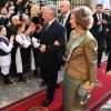 La reine Sofía d'Espagne et le prince Alexander au mariage à Belgrade, le 7 octobre 2017, du prince Philip de Serbie, fils du prince héritier Alexander de Serbie et de la princesse Maria da Gloria d'Orléans-Bragance, et de Danica Marinkovic.
