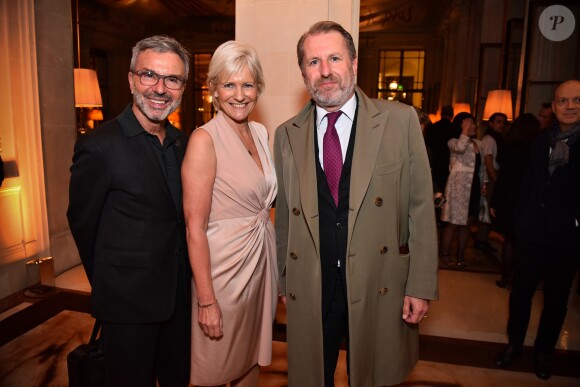 Exclusif - Olivier Echaudemaison, Franka Holtmann, Guillaume de Seynes lors de la soirée de remise du 10e prix Meurice pour l'art contemporain à l'hôtel Meurice à Paris le 9 octobre 2017. © Jean Picon via Bestimage