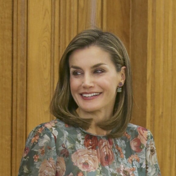 La reine Letizia d'Espagne, vêtue d'une toute nouvelle robe Zara, lors d'audiences au palais de la Zarzuela le 17 octobre 2017 à Madrid.