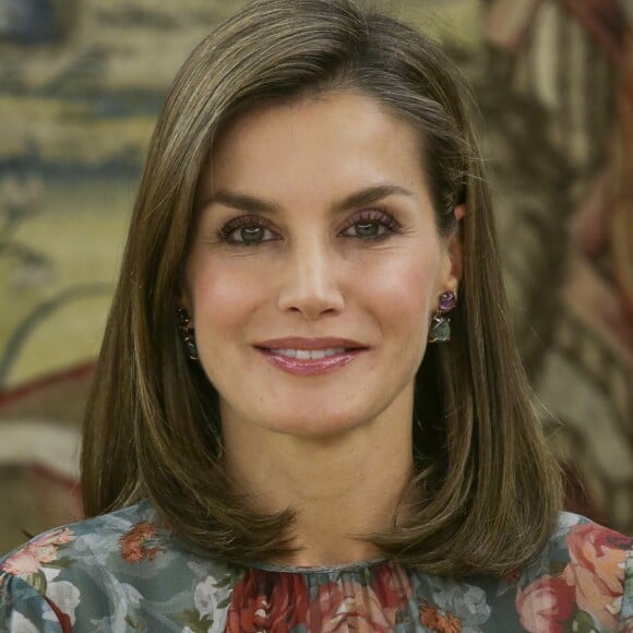 La reine Letizia d'Espagne, vêtue d'une toute nouvelle robe Zara, lors d'audiences au palais de la Zarzuela le 17 octobre 2017 à Madrid.