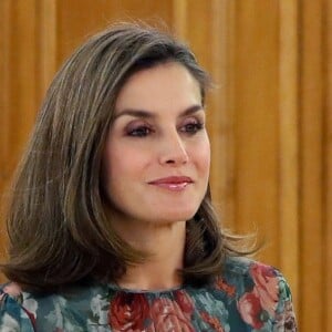 La reine Letizia d'Espagne, vêtue d'une toute nouvelle robe Zara, lors d'audiences au palais de la Zarzuela le 17 octobre 2017 à Madrid. L'épouse du roi Felipe VI a reçu successivement la Confédération des fédérations et associations de familles et femmes du monde rural et l'Alliance ibéro-américaine des maladies rares.