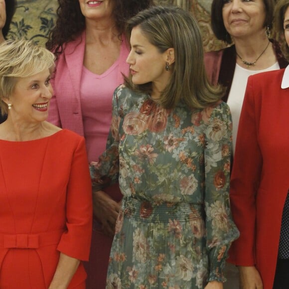 La reine Letizia d'Espagne, vêtue d'une toute nouvelle robe Zara, lors d'audiences au palais de la Zarzuela le 17 octobre 2017 à Madrid. L'épouse du roi Felipe VI a reçu successivement la Confédération des fédérations et associations de familles et femmes du monde rural et l'Alliance ibéro-américaine des maladies rares.