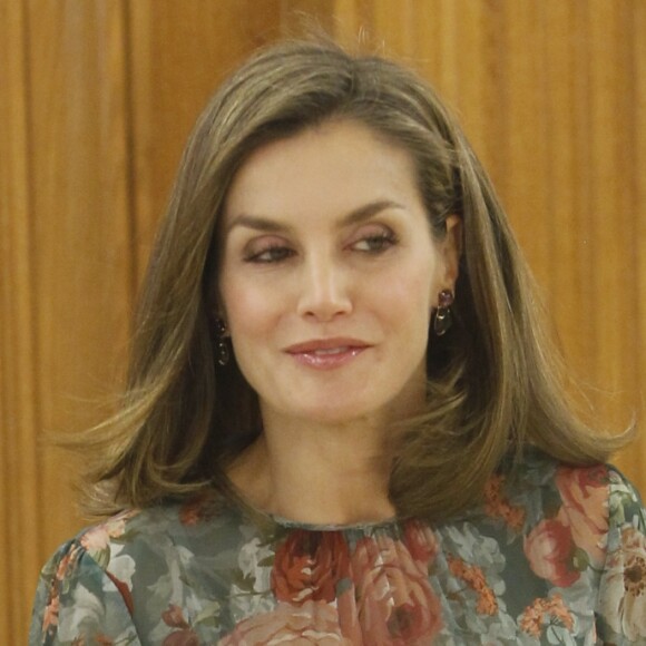 La reine Letizia d'Espagne, vêtue d'une toute nouvelle robe Zara, lors d'audiences au palais de la Zarzuela le 17 octobre 2017 à Madrid. L'épouse du roi Felipe VI a reçu successivement la Confédération des fédérations et associations de familles et femmes du monde rural et l'Alliance ibéro-américaine des maladies rares.