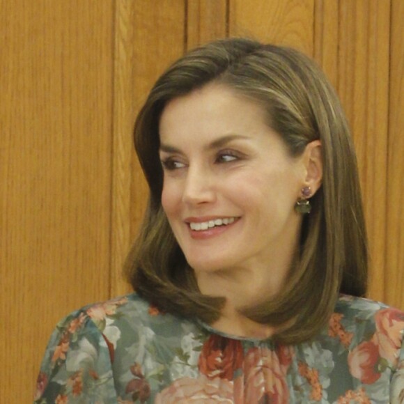 La reine Letizia d'Espagne, vêtue d'une toute nouvelle robe Zara, lors d'audiences au palais de la Zarzuela le 17 octobre 2017 à Madrid. L'épouse du roi Felipe VI a reçu successivement la Confédération des fédérations et associations de familles et femmes du monde rural et l'Alliance ibéro-américaine des maladies rares.