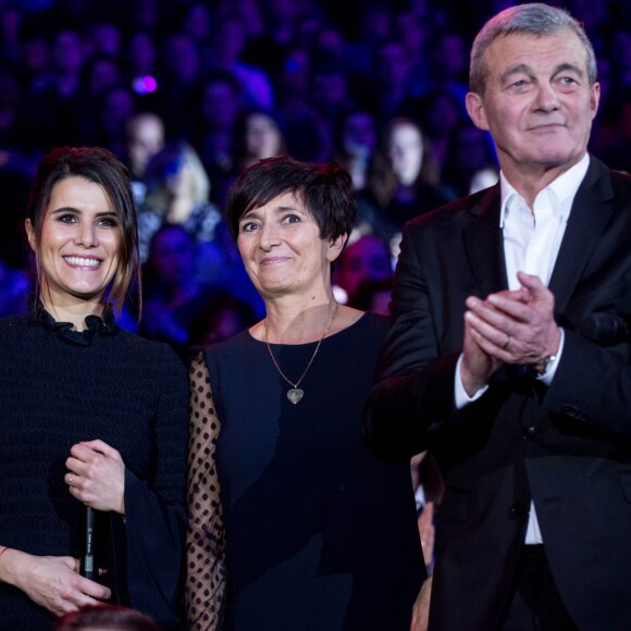 Exclusif - Karine Ferri, Laurence et Pierre Lemarchal (Parents de Grégory Lemarchal) - Emission hommage à "Grégory Lemarchal, 10 ans après l'histoire continue" au Zénith de Paris et retransmis en direct sur TF1 le 7 janvier 2017. © Cyril Moreau/Bestimage