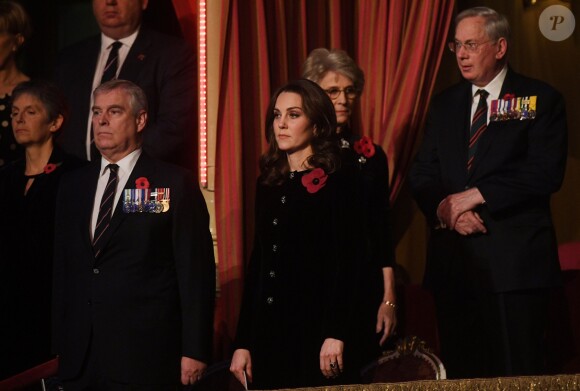 Le prince Andrew, duc d'York, et la duchesse Catherine de Cambridge, enceinte, dans la loge royale lors du Festival of Remembrance 2017 pour la commémoration du 11 novembre, au Royal Albert Hall à Londres le 11 novembre 2017.