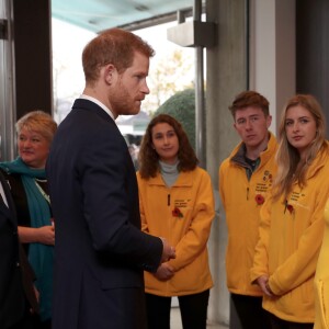 Le prince Harry a rencontré les volontaires de la Commission CWGC avant le match international de rugby entre l'Angleterre et l'Argentine à Londres le 11 novembre 2017.