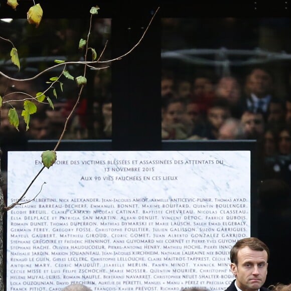 Le Président de la République, Emmanuel Macron lors de la commémoration du second anniversaire des attentats du 13 novembre 2015 au Bataclan à Paris le 13 novembre 2017. © Stéphane Lemouton / Bestimage