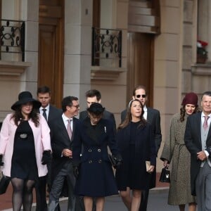 Louis Ducruet, Camille Gottlieb, Charlotte Casiraghi, Tatiana Santo Domingo et son mari Andrea Casiraghi - La famille princière de Monaco arrive à la cathédrale lors de la fête nationale monégasque, à Monaco, le 19 novembre 2017. © Dominique Jacovides/Bestimage