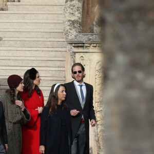 Louis Ducruet, Camille Gottlieb, Charlotte Casiraghi, Tatiana Santo Domingo et son mari Andrea Casiraghi - La famille princière de Monaco arrive à la cathédrale lors de la fête nationale monégasque, à Monaco, le 19 novembre 2017. © Dominique Jacovides/Bestimage