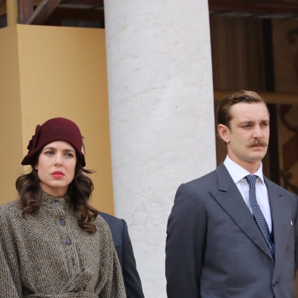 Andrea Casiraghi, sa femme Tatiana Santo Domingo, Charlotte Casiraghi, Pierre Casiraghi et sa femme Beatrice Borromeo - La famille princière de Monaco dans la cour du Palais Princier lors de la fête nationale monégasque, à Monaco, le 19 novembre 2017. ©© Jean-Charles Vinaj/Pool restreint Monaco/Bestimage