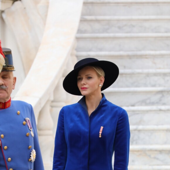 La princesse Charlène de Monaco - La famille princière de Monaco dans la cour du Palais Princier lors de la fête nationale monégasque, à Monaco, le 19 novembre 2017. ©© Jean-Charles Vinaj/Pool restreint Monaco/Bestimage