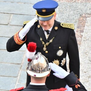 Le prince Albert II de Monaco - La famille princière de Monaco dans la cour du Palais Princier lors de la fête nationale monégasque, à Monaco, le 19 novembre 2017. ©© Jean-Charles Vinaj/Pool restreint Monaco/Bestimage