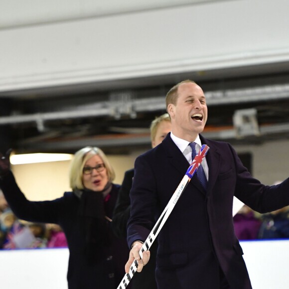 Le prince William s'essaye au hockey sur glace dans une patinoire à Helsinki le 29 novembre 2017, en visite officielle en Finlande.
