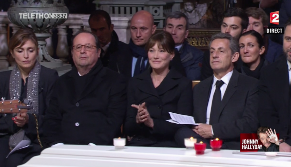 Julie Gayet, François Hollande, Carla Buni, Nicolas Sarkozy aux obsèques de Johnny Hallyday à Paris. Le 9 décembre 2017.