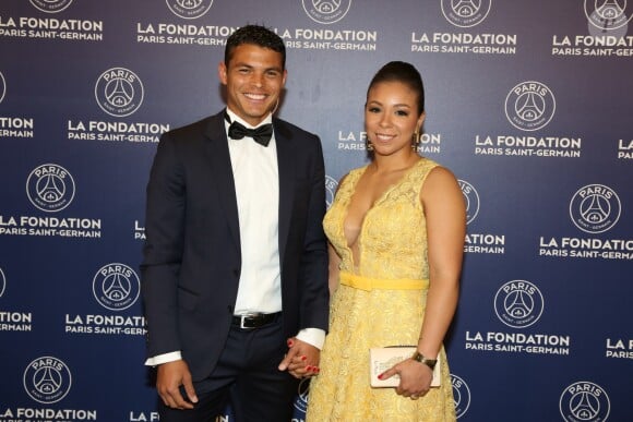 Exclusif - Thiago Silva et sa femme Isabele - Dîner de gala au profit de la Fondation PSG au Parc des Princes à Paris le 16 mai 2017. © Rachid Bellak/Bestimage