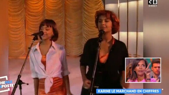 Karine Le Marchand redécouvre sa première apparition télévisée dans "Touche pas à mon poste" (C8) lundi 15 janvier 2018.