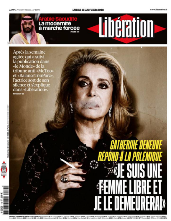 Catherine Deneuve en couverture de Libération, le 15 janvier 2018.