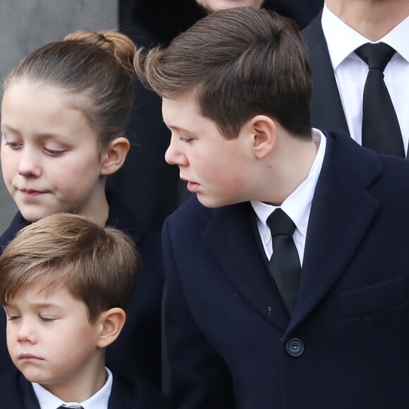 La princesse Mary de Danemark et ses enfants la princesse Josephine, le prince Vincent, la princesse Isabella et le prince Christian lors des obsèques du prince Henrik de Danemark le 20 février 2018 en l'église du palais de Christiansborg à Copenhague.